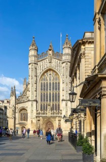Bath Abbey church and Grand Pump Room, Abbey Church Yard, city of Bath, north east Somerset,