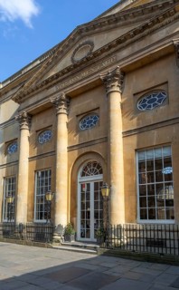 Frontage of the Grand Pump Room building, Abbey Church Yard, city of Bath, north east Somerset,