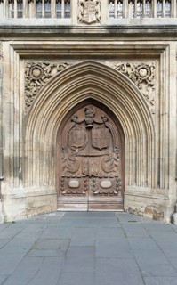Main entrance doorway to Bath Abbey church, city of Bath, north east Somerset, England, UK