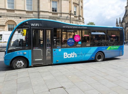 Local single decker First bus to Larkhall, High Street, city of Bath, north east Somerset, England,