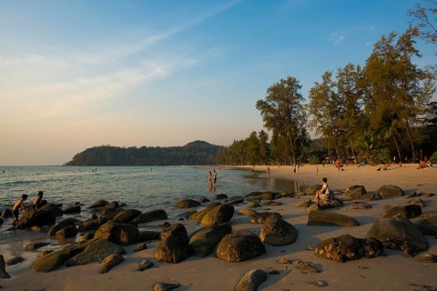 Sandy beach beach with coconut palms, Khlong Chao Beach, sunset, Koh Kood, Koh Kut, Gulf of