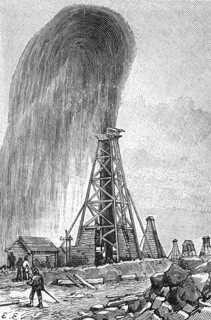 Oil strike at an oil well in Baku, around 1870, Azerbaijan, digital reproduction of a historical