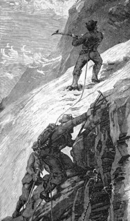 Mountaineer on a rock face, around 1870, Switzerland, digital reproduction of a historical model