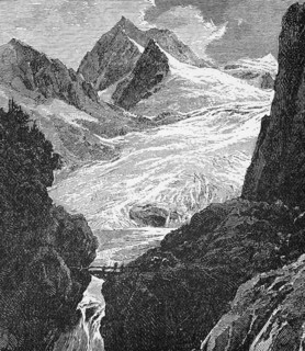 Distant hikers crossing a bridge, the Alps, around 1870, Switzerland, digital reproduction of a
