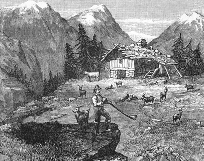 Goatherd playing alphorn, near a chalet in the Alps, around 1870, Switzerland, digital reproduction
