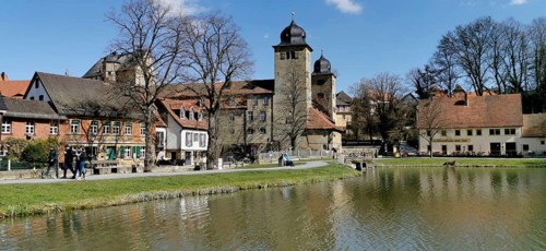 Thurnau Castle and the castle pond in early spring, Thurnau, Kulmbach district, Upper Franconia,