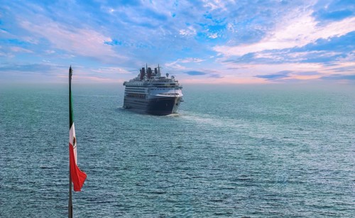 Cruise ship arriving at Puerto Vallarta vacation, Mexico. Scenic ocean and beach views