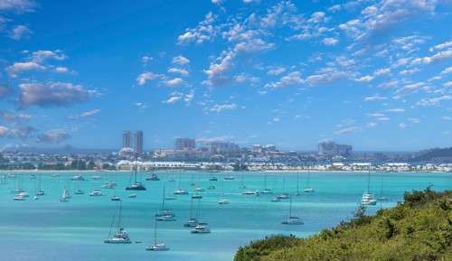Caribbean cruise vacation, panoramic skyline of Saint Martin island from Pic Paradis lookout