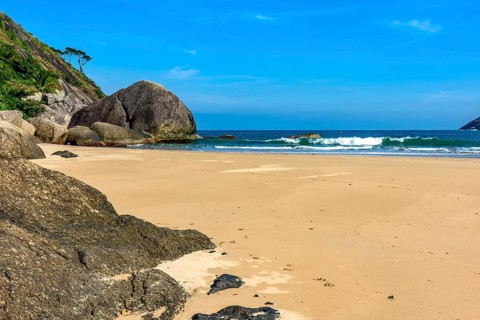 The rocks and the sea at Bonete beach on the island of Ilhabela on the coast of Sao Paulo,