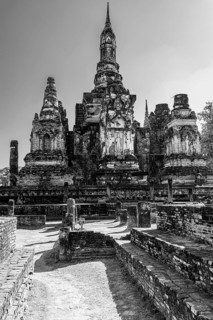 Historic Buddhist temple complex Wat Mahathat, historical park, black and white photo, Sukhothai,