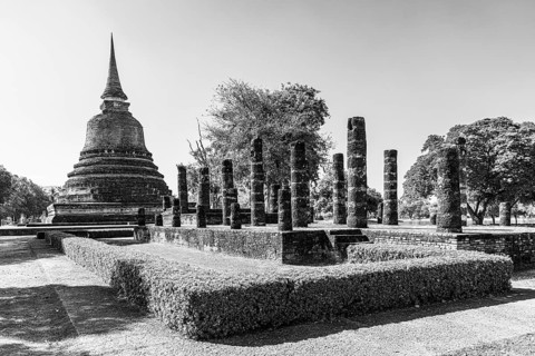 Historic temple tower, Prang, Buddhist temple complex, black and white photo, historical park,