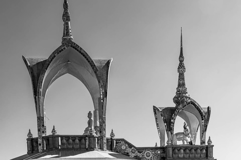 Round arch pavilions decorated with mosaics and glass works of art, black and white photo, Buddhist