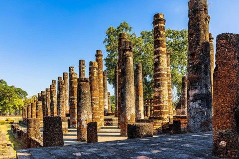 Columns in the historic Wat Mahathat Buddhist temple complex, Sukhothai, Sukhothai province,