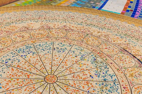 A floor area decorated with colorful mosaic tiles, Buddhist temple complex Wat Phra That Sorn Kaew,