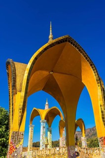 Round arch pavilions decorated with colorful mosaics and glass works of art, Buddhist temple
