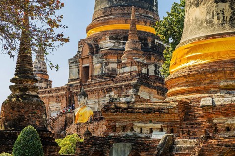 High temple tower, Prang, historic Buddhist temple complex, Ayutthaya, Thailand