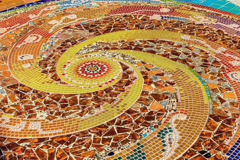 A floor area decorated with colorful mosaic tiles, Buddhist temple complex Wat Phra That Sorn Kaew,