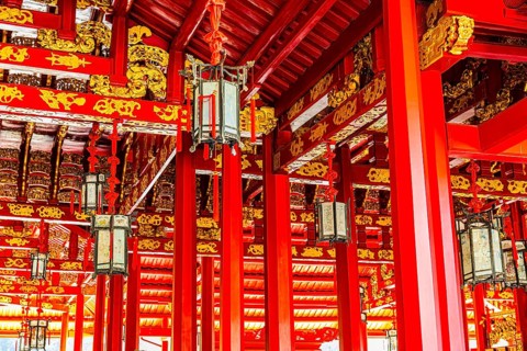 Roof structure with red beams and golden decorations, Wehat-Chamrun Residence, Thai King's Summer