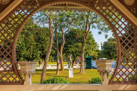 Garden pavilion, view of the royal park, Thai King's Summer Palace, Bang Pa-In, near Ayutthaya,