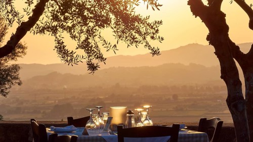 Atmospheric landscape at sunset with focus on a decorated table and olive trees, Hotel Europa,
