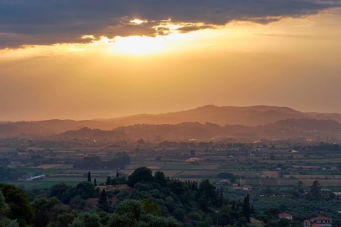 Impressive evening mood with sweeping views over fields and hills in the distance, Hotel Europa,