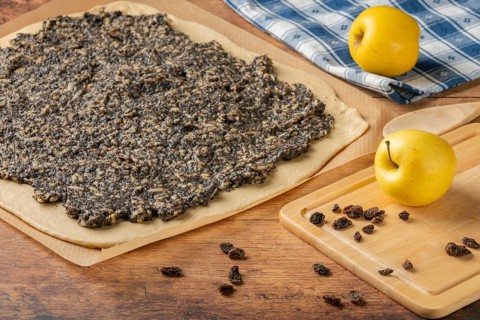 Rolled dough with evenly distributed mixture of poppy seeds, raisins and apples
