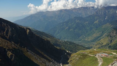 Wide mountain landscape with valleys under a cloudy sky, trekking in Ladakh, Manali-Leh Highway,