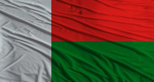 Malagasy flag waving. Flag of Madagascar with cloth texture