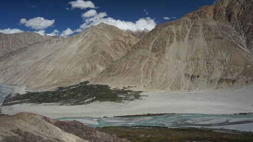 Nubra Valley, mountain valley with sand and river, surrounded by mountains under clear skies,