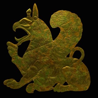 Monumental bronze sheet, griffin suckling her cub, golden sculpture of a griffin with wings, a