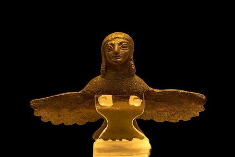 Winged female bronze figure, handle attache, golden statue with human figure and spread wings,