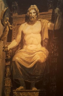 Figure of the golden elf-legged statue of Zeus, ancient statue of Zeus on an ornate throne,