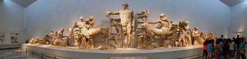 West pediment of the Temple of Zeus, Centauromachy, Kmapf between Centaurs and Lepiths, panoramic