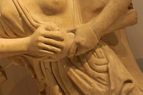 West pediment of the temple of Zeus, centauromachy, close-up of an ancient marble sculpture with