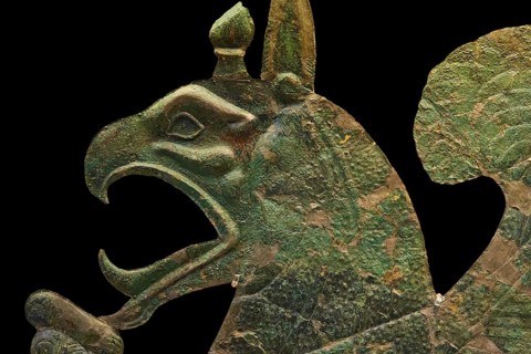 Section of a monumental bronze sheet, griffin, complex bronze sculpture of a mythological being