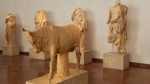 Ancient marble statues, including a bull, on display in a museum hall, Olympia Archaeological