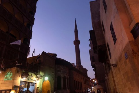 Cairo, Egypt. July 2nd 2024 The streets of Islamic Cairo at night, antique shops and mosque