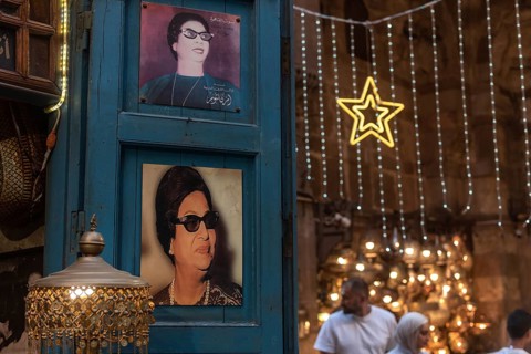 Cairo, Egypt. July 2nd 2024 Portraits of Umm Kulthum displayed in a Cairo cafe, an Egyptian singer,