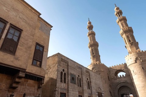 Minarets of Bab Zuweila one of the historical Fatimid Gates of Islamic Cairo in the Darb al Ahmar