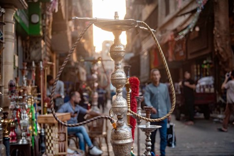 Cairo, Egypt. July 3rd 2024 A shishsa water pipe on display in the busy Khan El Khalili Bazaar