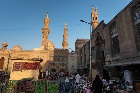 Cairo, Egypt. July 2nd 2024 A busy street market beside Al Ahzar Mosque and the Khan el Khalili