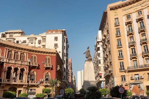 Cairo, Egypt. July 1st 2024 Mustafa Kamel Square and the European style architecture of Kasr el Nil