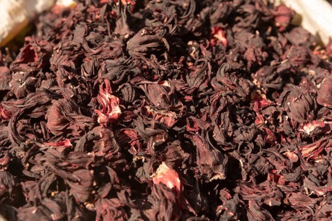 Dried Hibiscus flower petals for sale in the Spice Market in Cairo. Hibiscus is used for treating