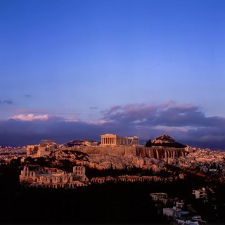 Acropolis, general view from south, sunset with dark clouds, Athens, Greece