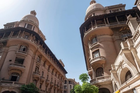 Classic Cairo architecture with details showing beautiful covered balconies and domed roofs,