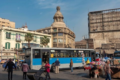 Cairo, Egypt. December 7th 2022 Busy Traffic crossing Attaba Square in front of the famous Tiring