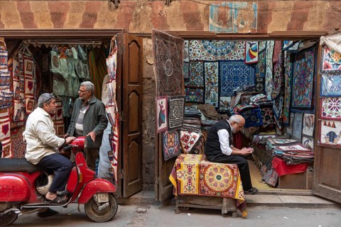 Cairo, Egypt. December 5th 2022 Shops selling Egyptian designed textiles, the Tent Makers bazaar, a