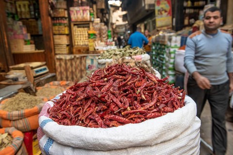 Cairo, Egypt, November 26th 2022 A sack of dried red chilli peppers being sold in the spice market