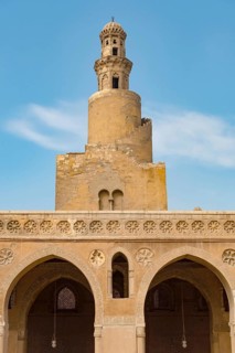 Islamic designed architecture and spiral Tulunid Dynasty Minaret of Ibn Tulin Mosque in Cairo, one