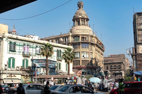 Cairo, Egypt. December 7th 2022 Busy Traffic crossing Attaba Square in front of the famous Tiring